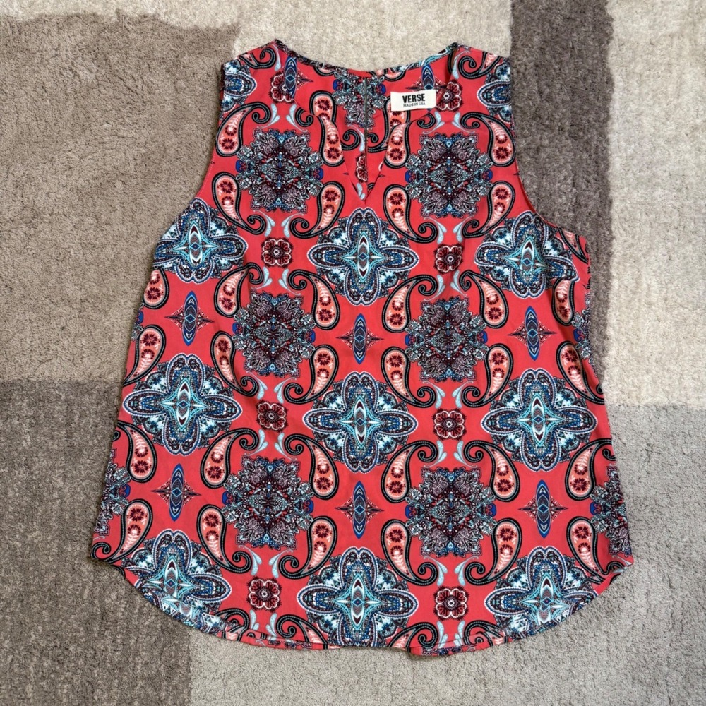 Verse Womens XL Paisley Medallion Sleeveless Blouse Coral Blue Boho Top USA Made